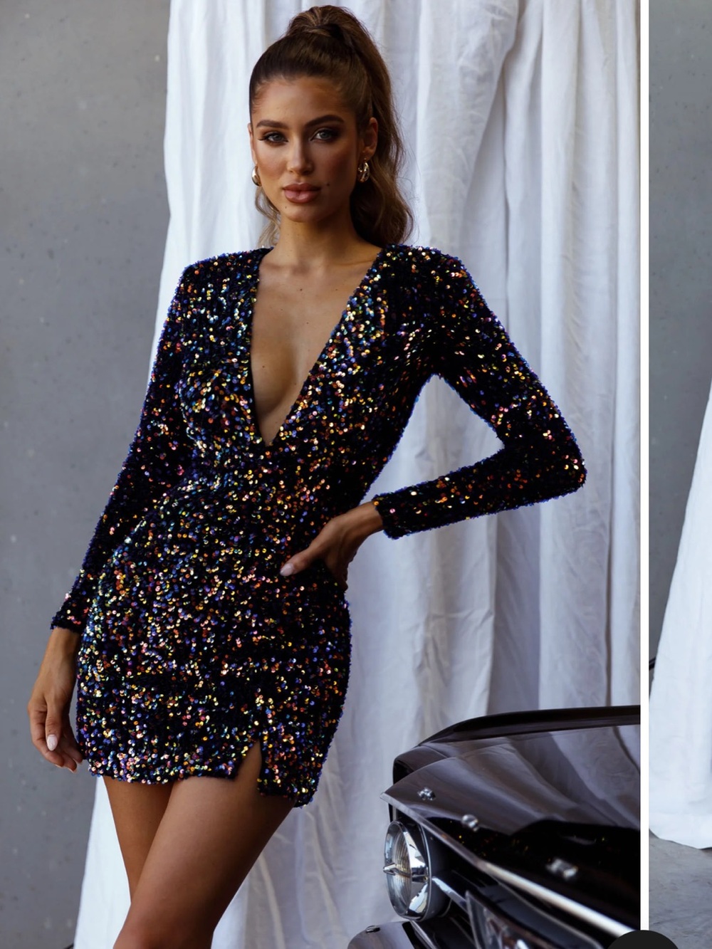 Selfie Leslie “Demure” Navy Sequin Deep V Long-Sleeve Mini Cocktail Dress (NWOT)